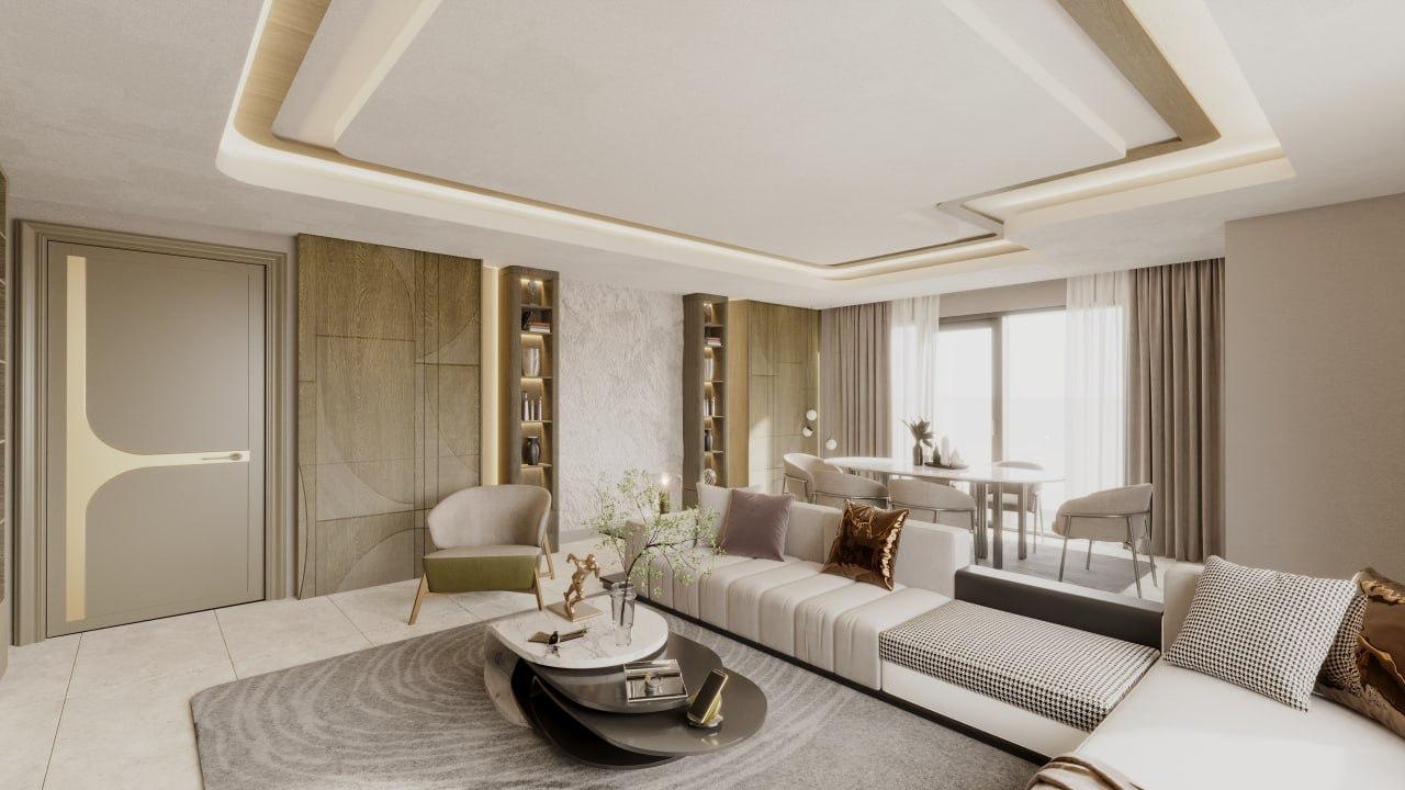 Salon yerleşimi ve malzeme kararlarını gösteren tasarım görseli